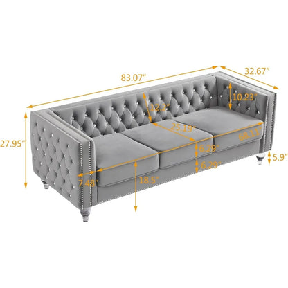 Velvet Sofa Couch 83 Inch Long Modern Sofa with Acrylic Legs and 2 Pillows, Jeweled Buttons Tufted Couch Modern Decor Furniture