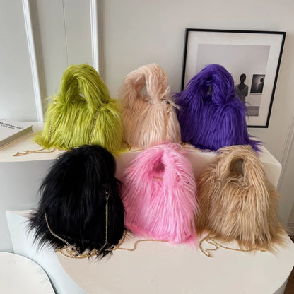 Winter Faux Fur Shoulder Bag for Women Trendy Fuzzy Handbags Plush Crossbody Bag Fluffy Tote Bag Furry Handle Mobile Phone Bag