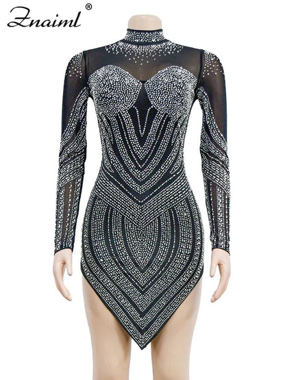 Znaiml Luxury Sheer Mesh Patchwork White Short Dress for Women Sparkly Crystal Rhinestones  Party Night Club Birthday Vestidos