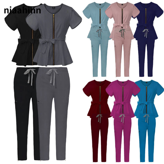 Nurse Uniform Suit Scrubs Uniforms Veterinary Work Clothes Scrub Tops Pants Women Solid Color Short Sleeve Pockets Carer Uniform