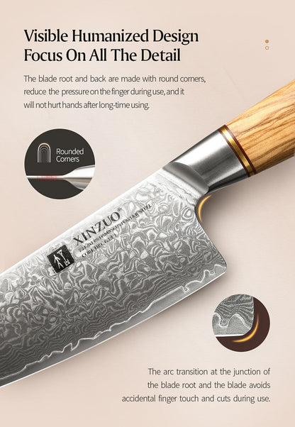 XINZUO 1-8pcs Kitchen Knife Set 73 Layers Custom Damascus Steel 15°±1 Per Side Steel Blade with Olive Wood Handle