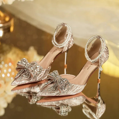 2024 Summer Luxury Women Rhinestone Butterfly Pearl Gold High Heels Silver High Heel Sandals Party Wedding Shoes Plus Size