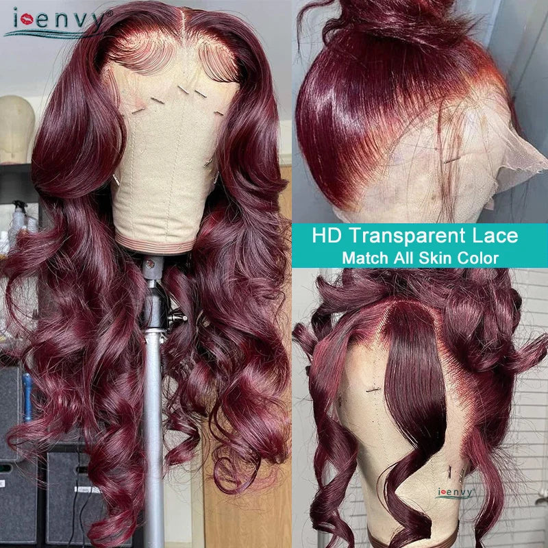 13X4 Hd Transparent Lace Front Wigs Burgundy Red Human Hair Wigs Pre Plucked 30 Inches Body Wave Lace Front Wigs For Women Curly