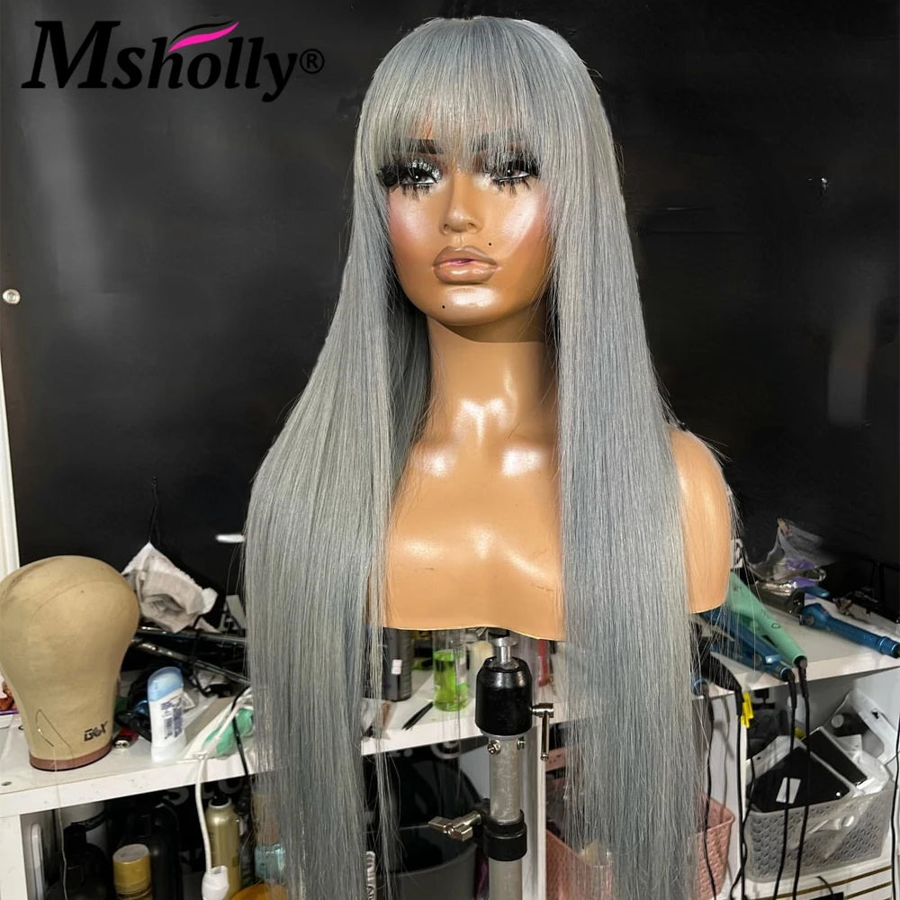 13x4 Grey Bone Straight Human Hair Wigs For Women 13x4 Transparent Lace Frontal Wig With Bangs Brazilian Gray Colored Remy Wigs