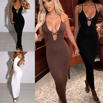 European and American women's summer strappy sexy buttocks tight solid color dress