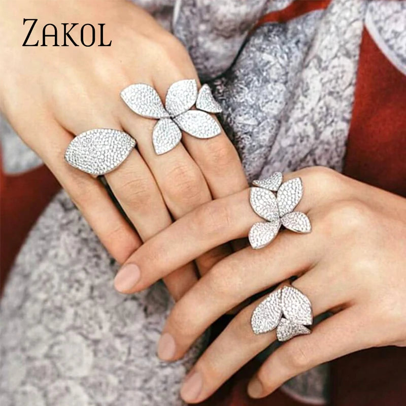 ZAKOL Luxury Sparkling Leaf Flower Micro-paved Zirconia Open Rings for Women Delicate Bridal Wedding Jewelry RP2034