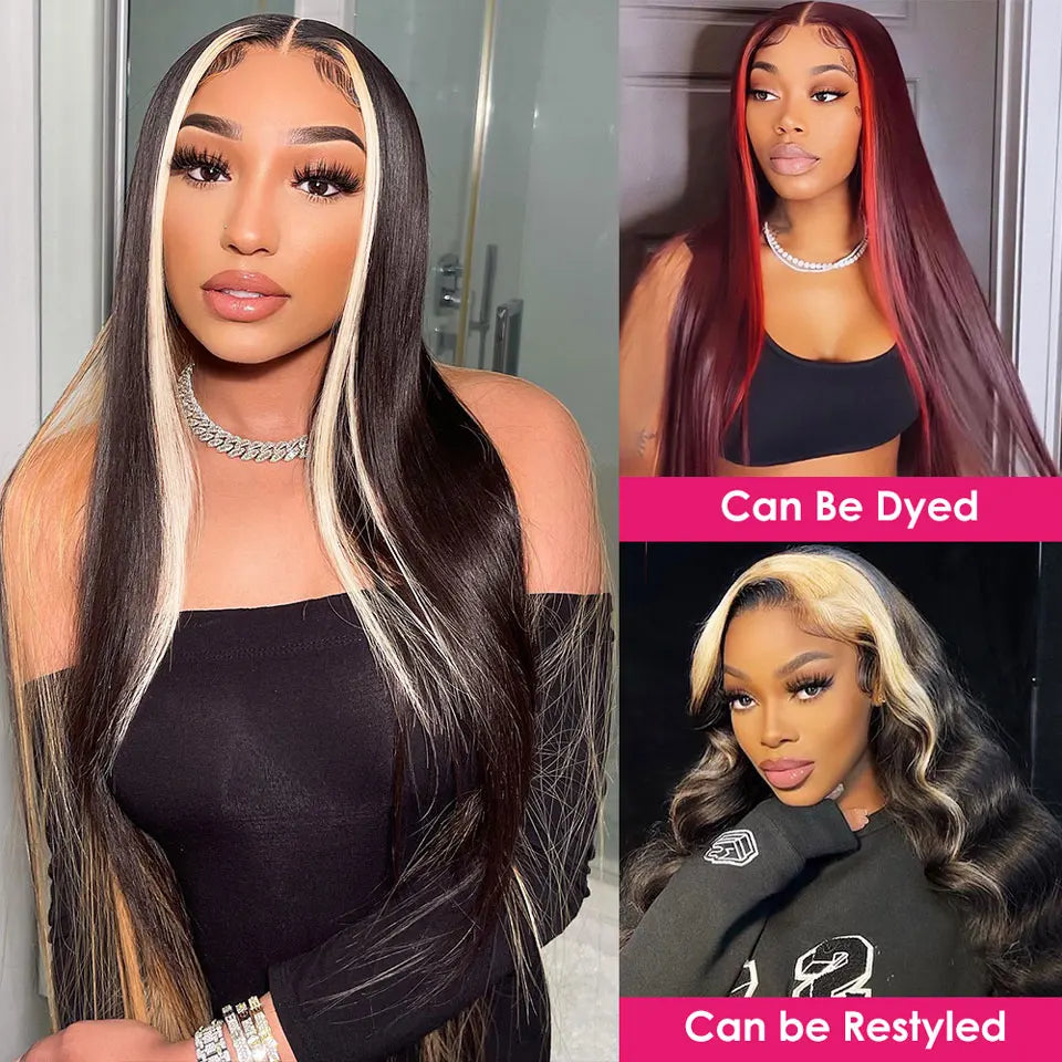 1B/613 Skunk Stripe Human Hair Wig 32 Inch Straight Lace Front Wig 13x4 Ombre Colored Lace Front Human Hair Wigs For Women