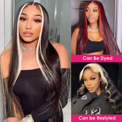 1B/613 Skunk Stripe Human Hair Wig 32 Inch Straight Lace Front Wig 13x4 Ombre Colored Lace Front Human Hair Wigs For Women