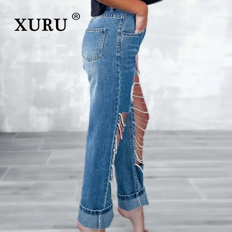 XURU - European and American New Big Hole Jeans Women's Wear, Chain Hanging Straight Length Jeans K82-3286