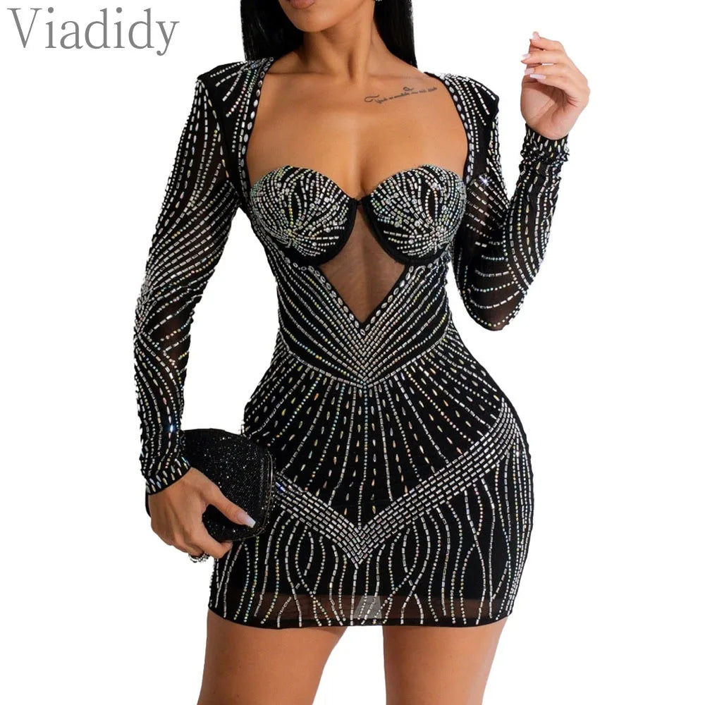 Women Sexy Sheer Mesh Rhinestone Decor Long Sleeve Skinny Party Dress