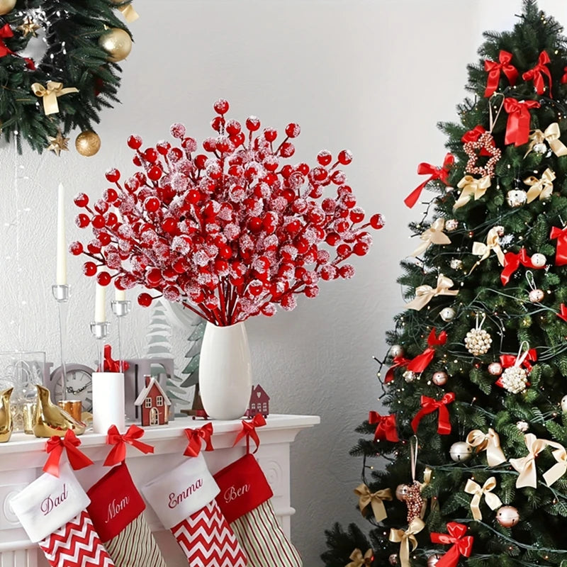 10Pcs Christmas Decoration Artificial Red Fruit Holly Berries Red Berry Branches for Christmas Tree Pendant Wreath Gift Ornament