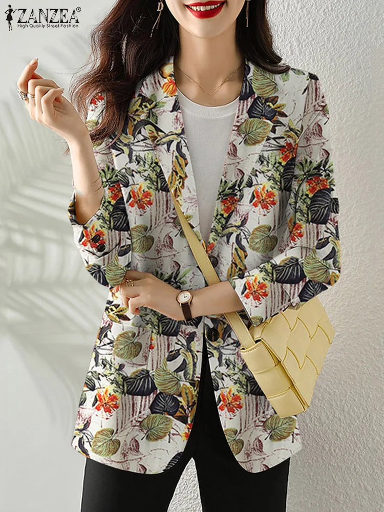 Women Autumn Blazer Retro Printed Coats Casual Long Sleeve Floral Outerwear ZANZEA Female Single Button Lapel Jackets Oversize