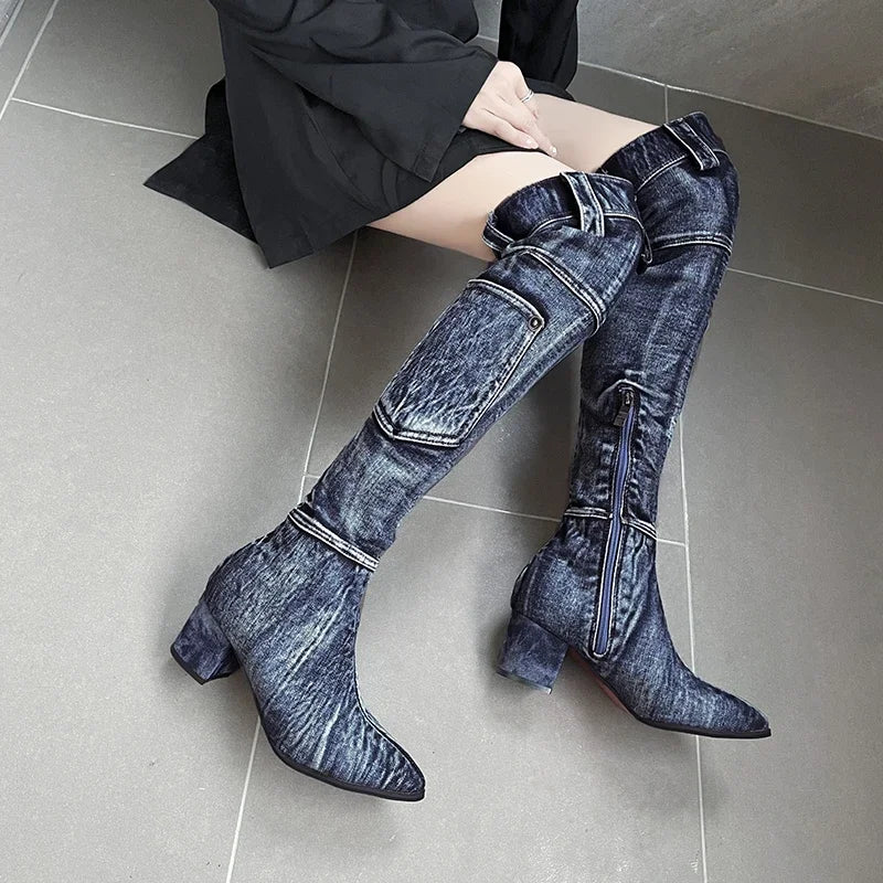 2022 Sexy Jean Boots Women's Knee-High Boot Zipper 6CM High Heel Woman Stylish Jeans Boots Ladies Denim Boot Female Shoes Cowboy - MAGUSTA BEAUTY