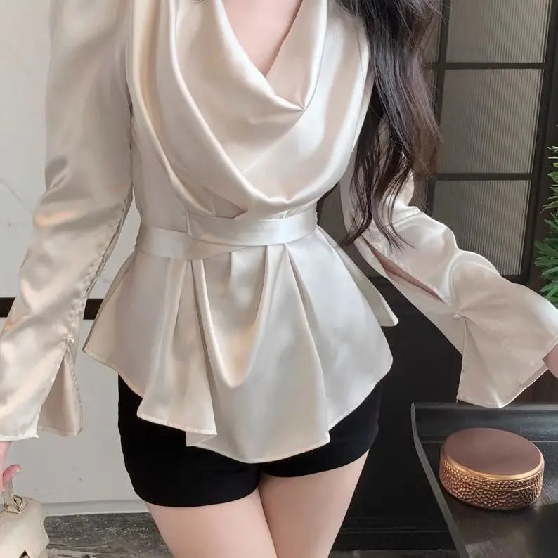 Women Clothing Temperament Pleated Loose Blouse Spring Autumn New Long Sleeve Solid Youth Fashion Shirt Tops Elegant Korean