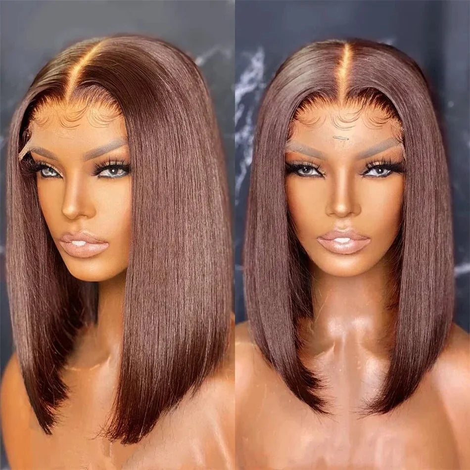 Vietname Super Double Drawn Bone Straight 13x4 Frontal Bob Wig with 100% Human Hair Chocolate Brown 180% Density For Black Women