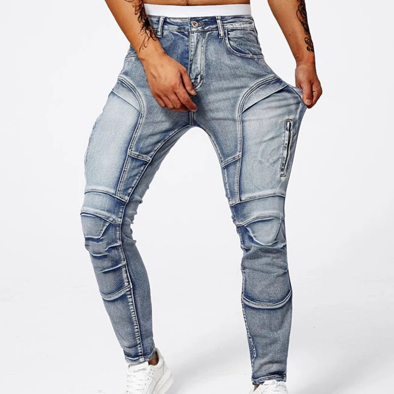 Trendy Jeans Men's Small Straight Leg Denim Design Pants New Slim Fit Small Hole Long Pants High Street Classic High Quality