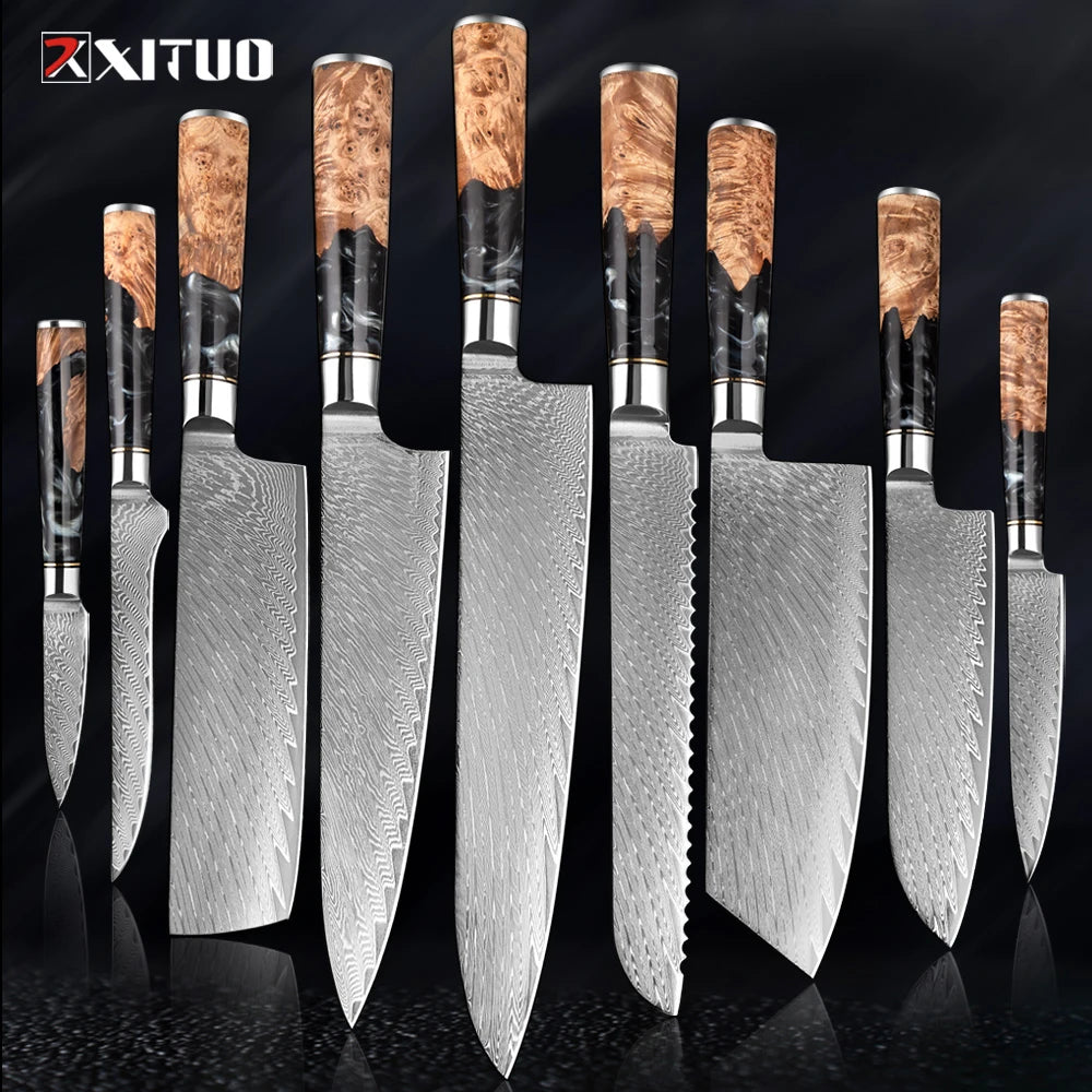 XITUO 1-9 PCS Damascus Steel Kitchen Knives High Quality Chef Chopping Vegetable Slicing Deboning Bread Knife Black Resin Handle