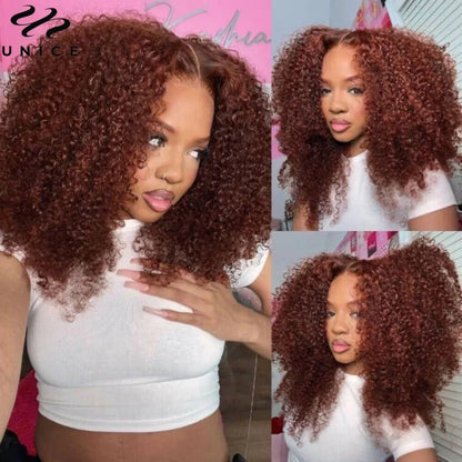 UNICE Hair Bye Bye Knots 7x5 Lace Wig Human Hair Reddish Brown Kinky Curly Wigs Pre Cut Pre Bleached Glueless Wig Ready To Wear