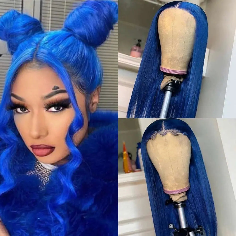 13x4 Front Lace Pre Extracted Hairline Clear Lace Wigs Jewel Blue Long Straight Brazilian Native Real Hair 180% Density Wigs