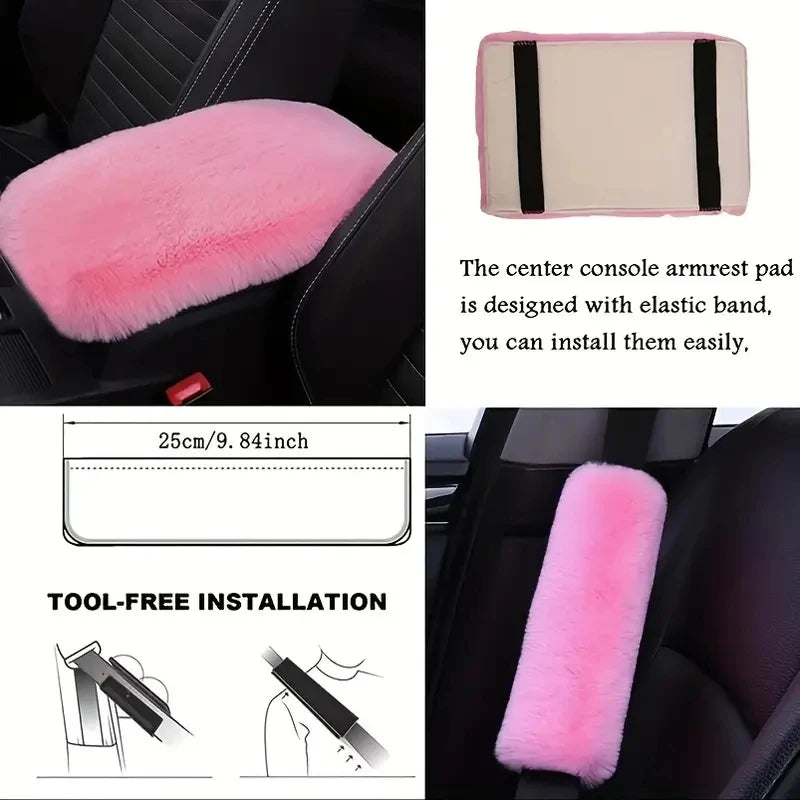 8-plece set Combination Pink Goddess Plush Car Steering Wheel CoverRex Rabbit Fur Fluffy Steering Wheel Cover