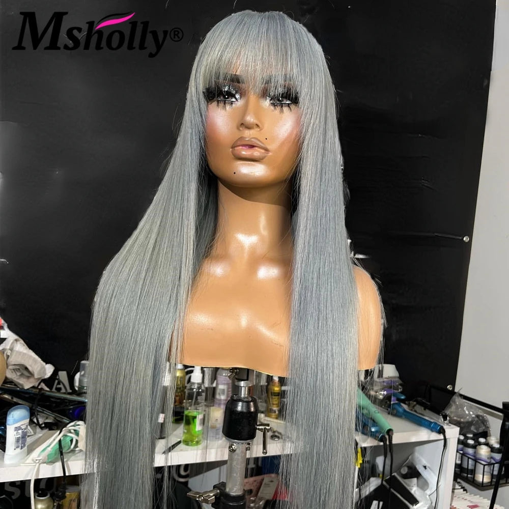 13x4 Grey Bone Straight Human Hair Wigs For Women 13x4 Transparent Lace Frontal Wig With Bangs Brazilian Gray Colored Remy Wigs