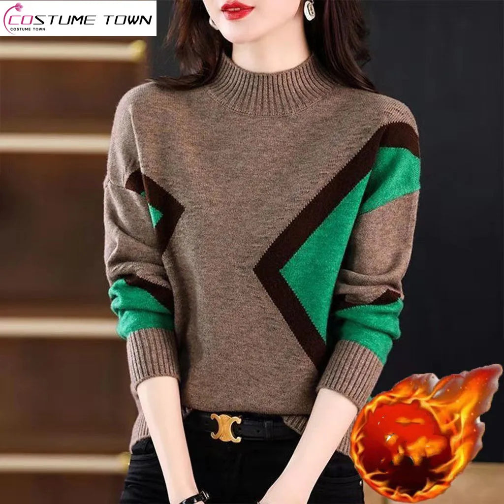 Velvet and Thickened Women's Top 2024 New Autumn/Winter Korean Edition Color Block Knitted Half High Neck Sweater