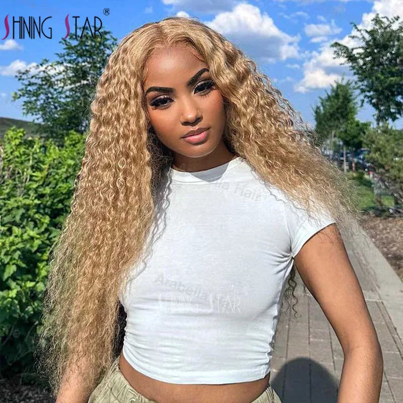 13x4 Honey Blonde Curly Lace Front Human Hair Wigs 13x4 Transparent Lace Frontal Wigs Deep Wave Preplucked Remy Wigs For Women