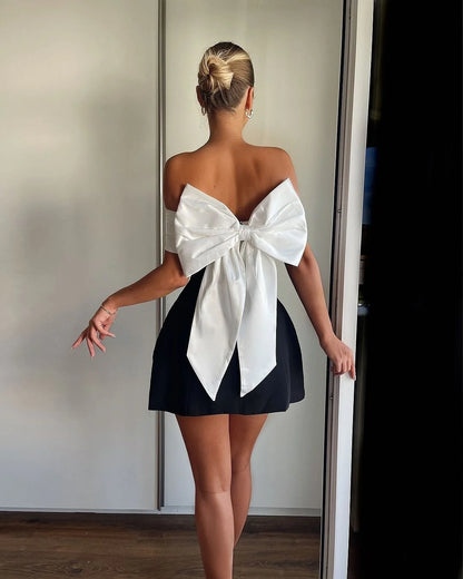 Women Sexy Backless Short Dress Fashion Sleeveless Big Bow Mini  Dress Lady Evening Party Dress 2025 Summer New Women's Clothing