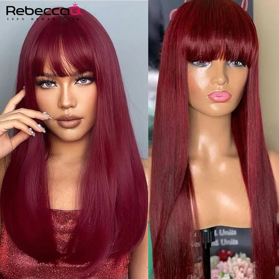 Wear to go 99J Wig Burg Red Bone Straight Human Hair Wig With Bangs For Women Brazilian Remy Hair Colored Halloween Cosplay Wigs