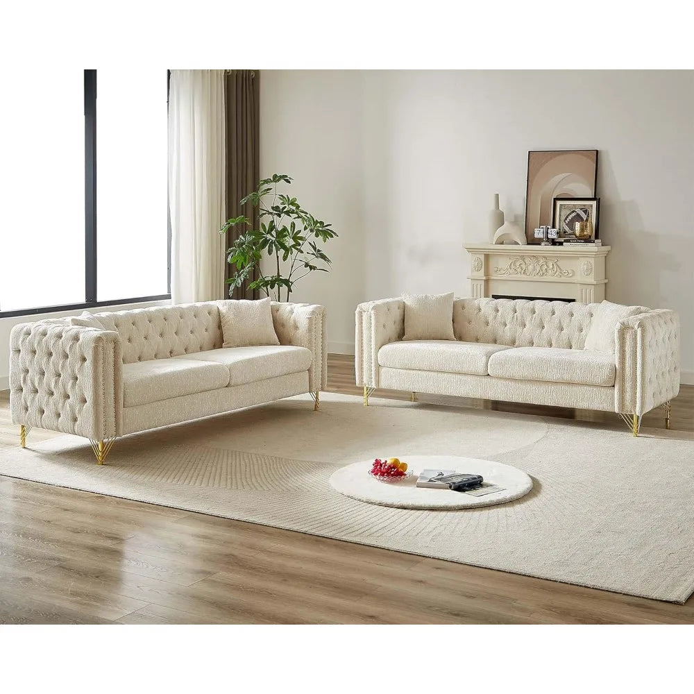 2 Piece Living Room Furniture Sets, Modern Chenille Couch and Loveseat Sofa Set, Upholstered Buttons Tufted 3 Seater Sofa