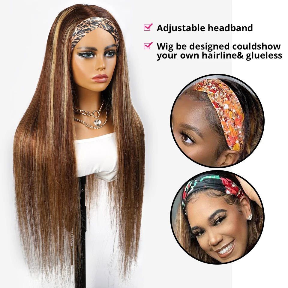 Uwigs 4/27 Highlight Headband Wigs Human Hair 250 Density Straight 100% Human Hair Wigs Full Machine Made Wigs For Women