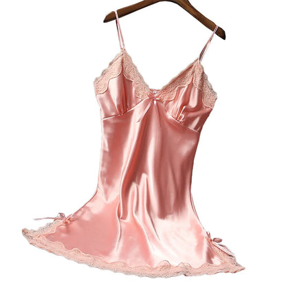 Women Smooth Soft Satin Nightdress Spaghetti Straps Deep V Neck Sleepwear Breathable Comfortable Nightwear Sexy Wrap Dress Robe