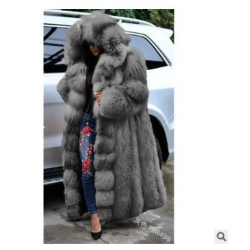 Women Solid Plush Warm Cardigan Coat 2023 Autumn Winter Faux Fur Large Coat Women's Casual Long Sleeve Hooded Faux Fur Coat