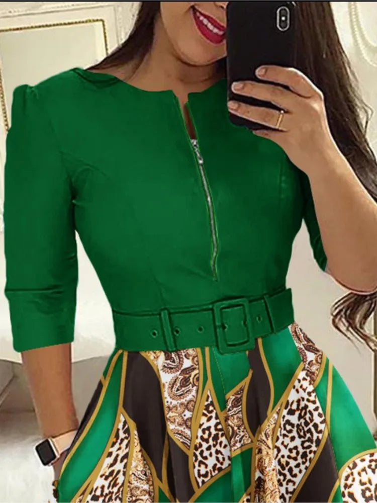 Women's Summer Fashion Belt Mid Length Dress With Baroque Leopard Print Color Blocking Zipper Design Casual Office Dress