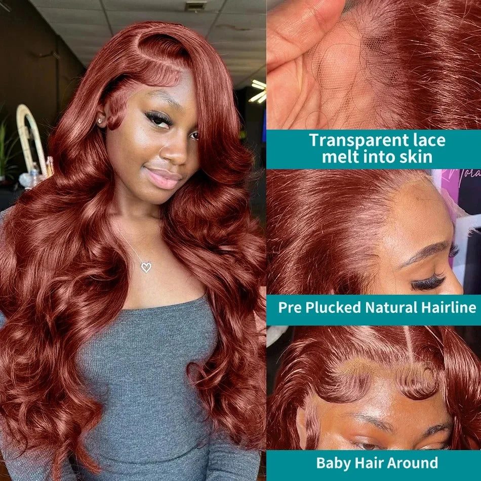 13x4 Reddish Brown Body Wave Lace Frontal Human Hair Wig HD Lace Frontal Wig Human Hair Wig Pre Plucked Brazilian Remy Hair