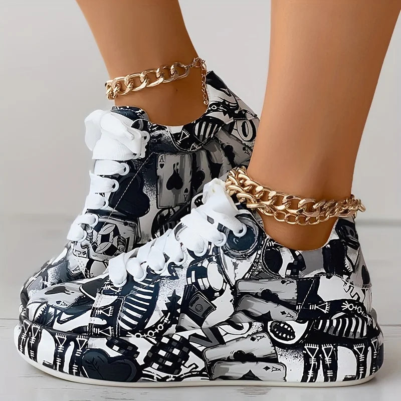 Women's graffiti print sneakers, fashion lace-up low-top platform sneakers, casual skateboard shoes