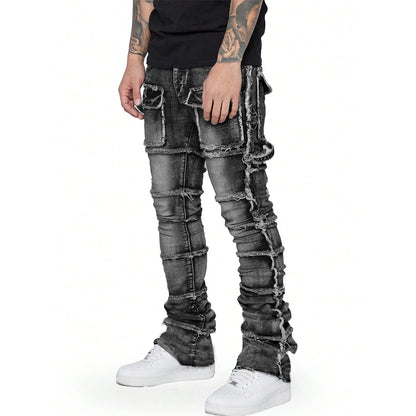 Trendy Men Jeans, European and American Fashionable Workwear with Patch, Elastic, Laminated and Slightly Flared Men Denim Pants.