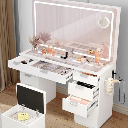 Vanity with LED-Lit Mirror & Electrical Socket, Cosmetic Vanity Station with 11 Compartments and Magnifier, 46'' Dressing Table