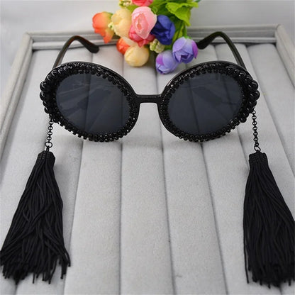 Baroque round sunglasses women tassel pearl rhinestones decoration sun glasses large frame round glasses female sunglasses