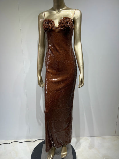 Women Luxury Sexy Sleeveless Backless Flower Mesh Sequins Brown Sparkly Bodycon Maxi Long Dress Elegant Evening Party Club Dress