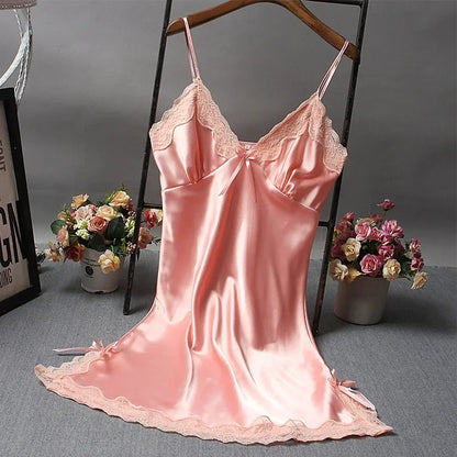 Women Sexy Nightdress Lace Satin Soft Silky Glossy Lingerie Summer Comfort Thin-Sleepwear Ladies Breathable Sling Sleepshirts