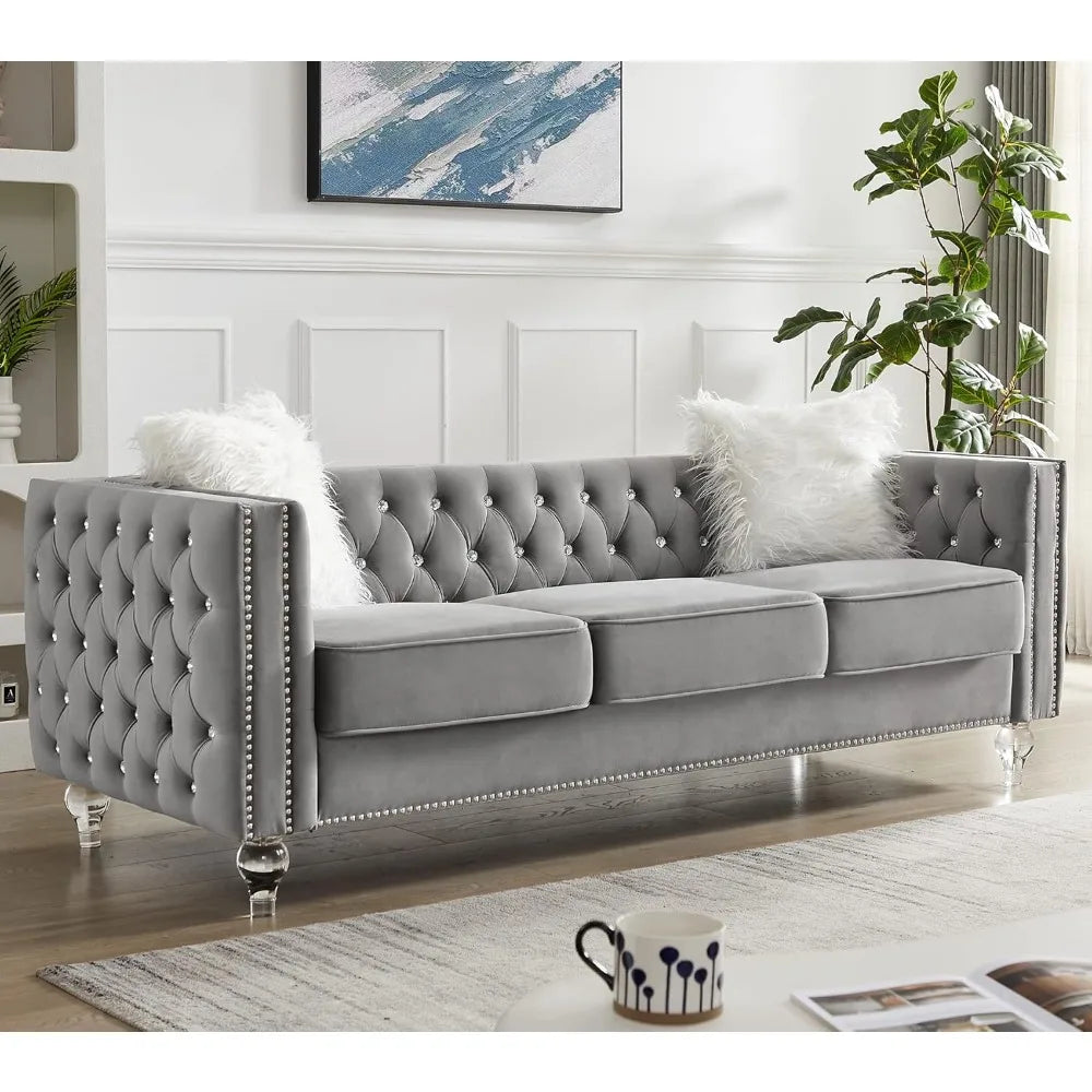 Velvet Sofa Couch 83 Inch Long Modern Sofa with Acrylic Legs and 2 Pillows, Jeweled Buttons Tufted Couch Modern Decor Furniture