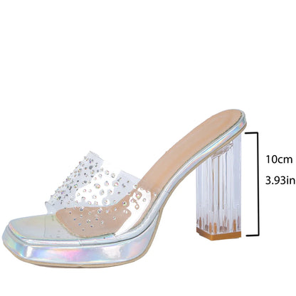 2024 Summer New Outwear Open Toe Large Slippers Sexy Transparent Water Diamond Crystal Heels Versatile Single Shoes for Women