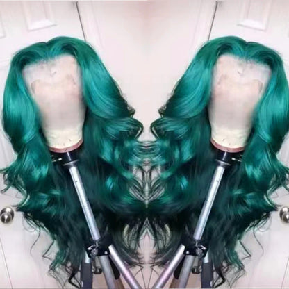 WIF Emerald Green Synthetic Lace Front Wig Long Body Wave Teal Green Heat Fiber Lace Wigs for Fashion Women Makeup Cosplay Wear