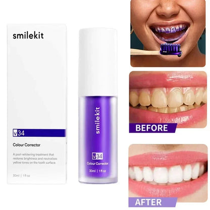 V34 30ml Purple Whitening Toothpaste Remove Stains Reduce Yellowing Care For Teeth Gums Fresh Breath Brightening Teeth New