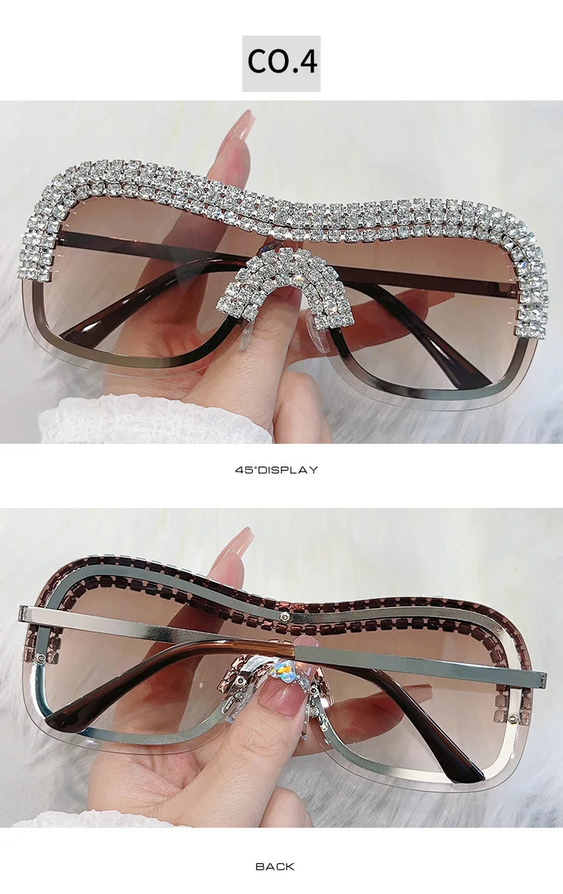 Y2K Vintage Punk Diamond Rimless Sunglasses Women Sun Glasses Brand Designer Trending Luxury Crystal Rhineston One Piece Shades