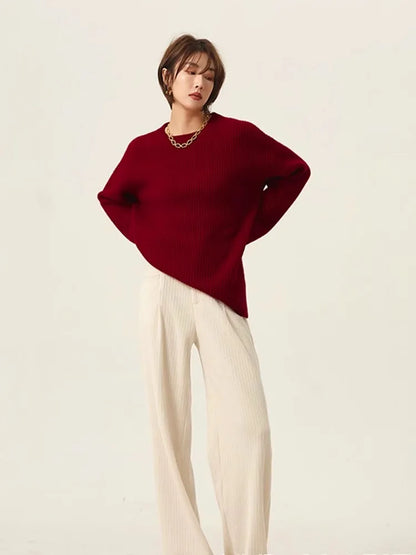 Turtleneck 100% cashmere sweater women loose thickening age reduction niche vintage red crewneck sweater women long sleeves