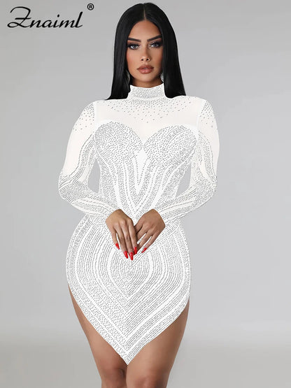 Znaiml Luxury Sheer Mesh Patchwork White Short Dress for Women Sparkly Crystal Rhinestones  Party Night Club Birthday Vestidos