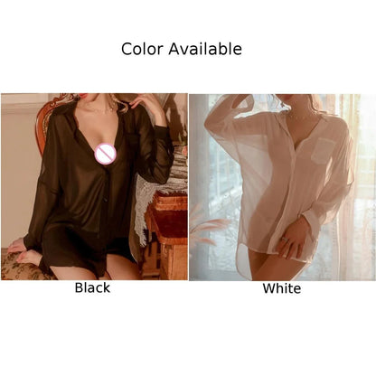 Women Sleepwear Boyfriend Shirt Lingerie Nightgown Transparent Chiffon Pajamas