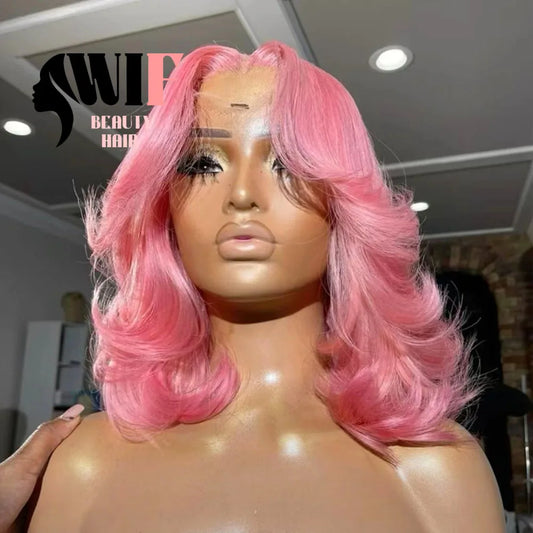 WIF Pink Bob Lace Wig Body Wave Short Bob Pink Hair Heat Synthetic Lace Front Wig Women Cosplay Use Purple Bob Hair